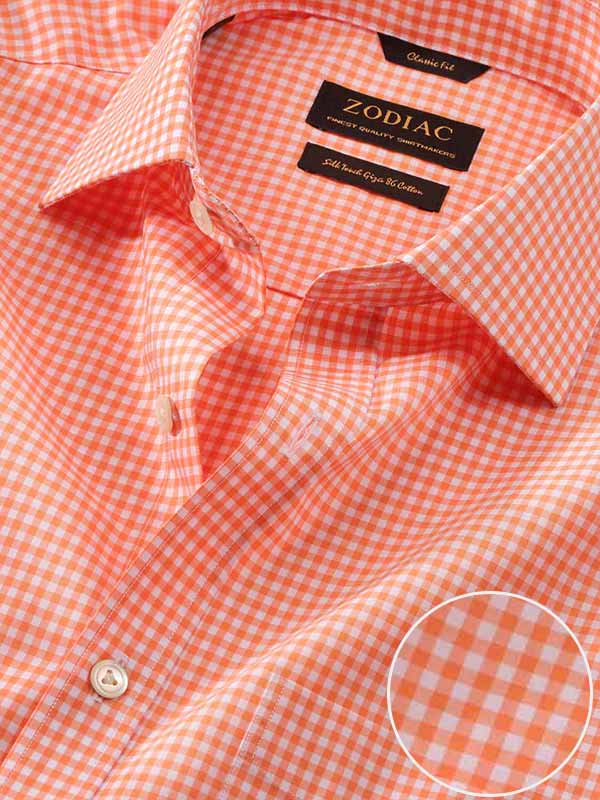 Vivace Orange Check Full Sleeve Single Cuff Classic Fit Semi Formal Silk Touch Egyptian Giza Cotton Shirt