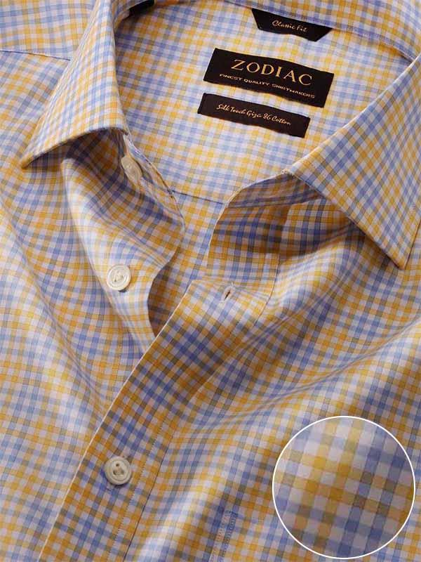 Vivace Yellow Check Full Sleeve Single Cuff Classic Fit Semi Formal Silk Touch Egyptian Giza Cotton Shirt