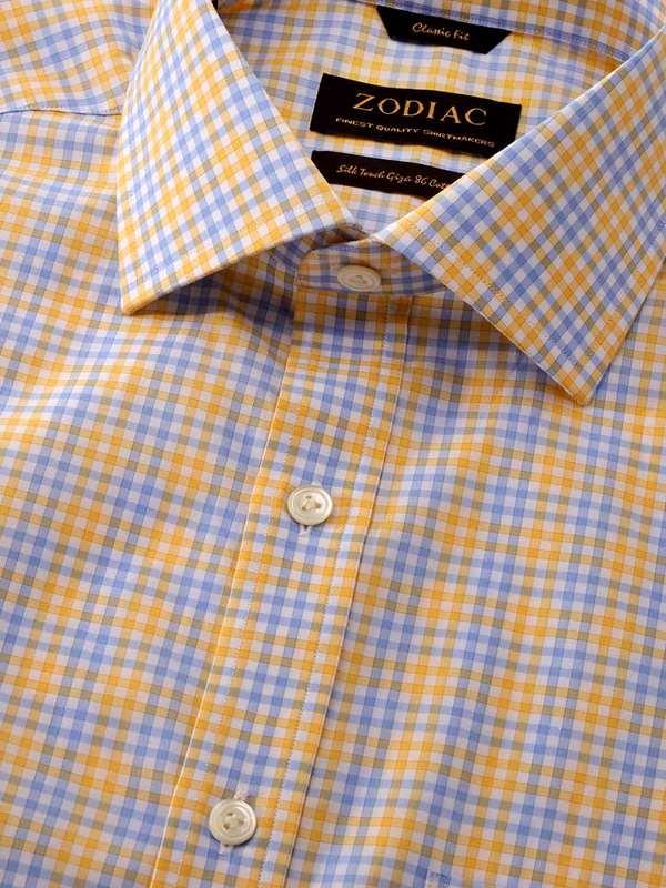 Vivace Yellow Check Full Sleeve Single Cuff Classic Fit Semi Formal Silk Touch Egyptian Giza Cotton Shirt