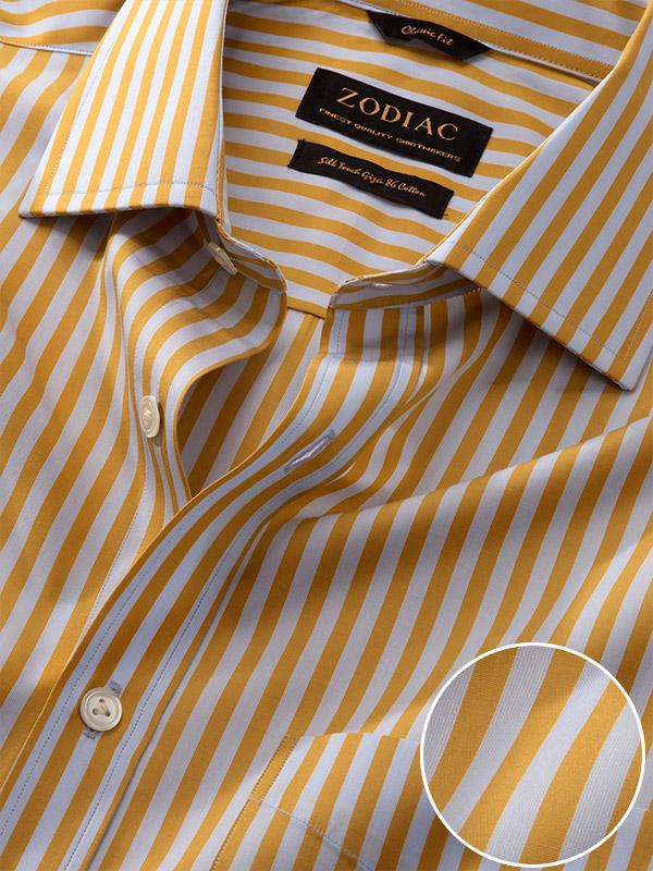 Vivace Yellow Striped Full Sleeve Single Cuff Classic Fit Semi Formal Silk Touch Egyptian Giza Cotton Shirt