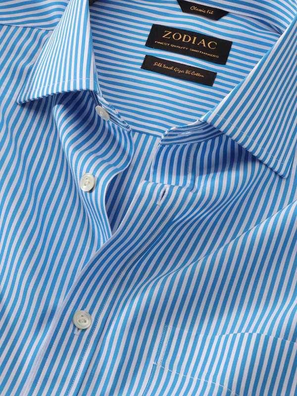 Vivace Blue Striped Full Sleeve Single Cuff Classic Fit Semi Formal Silk Touch Egyptian Giza Cotton Shirt