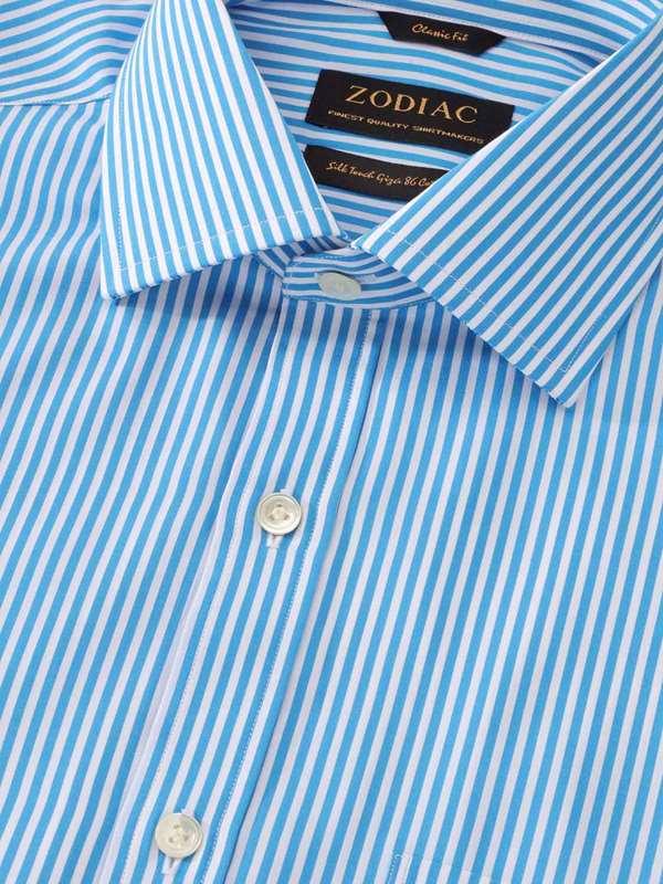 Vivace Blue Striped Full Sleeve Single Cuff Classic Fit Semi Formal Silk Touch Egyptian Giza Cotton Shirt