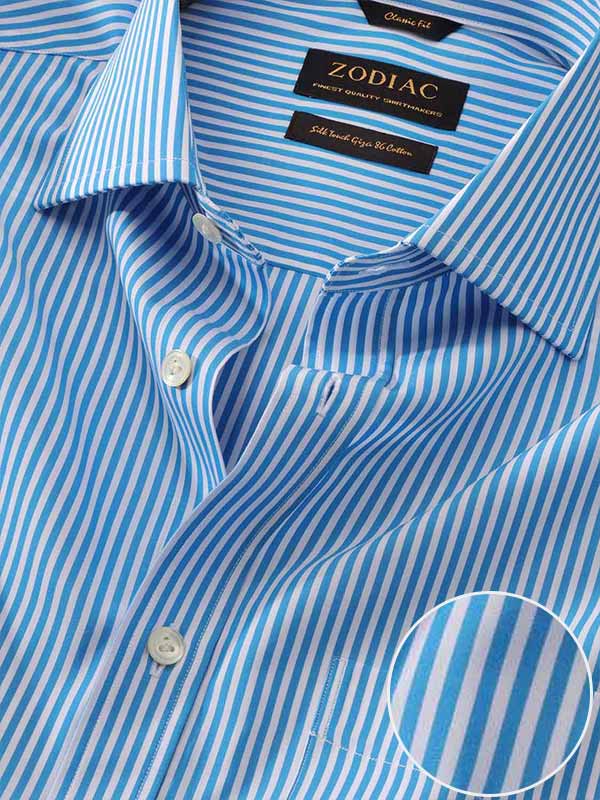 Vivace Blue Striped Full Sleeve Single Cuff Classic Fit Semi Formal Silk Touch Egyptian Giza Cotton Shirt