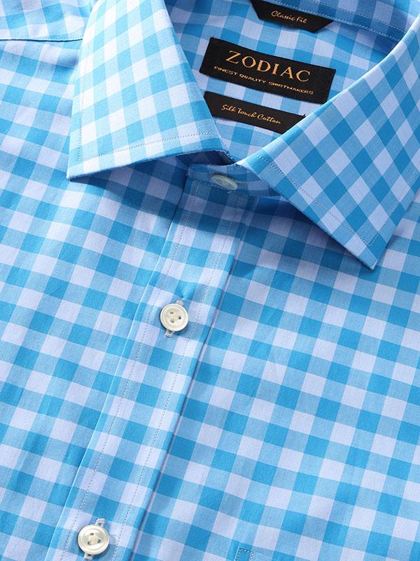 Vivace Blue Check Full Sleeve Single Cuff Classic Fit Semi Formal Silk Touch Egyptian Giza Cotton Shirt