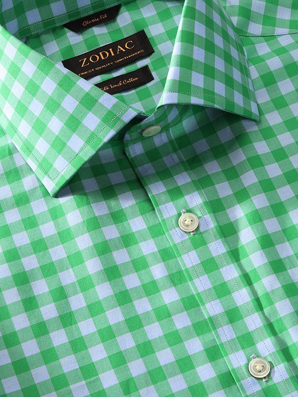 Vivace Green Check Full Sleeve Single Cuff Classic Fit Semi Formal Silk Touch Egyptian Giza Cotton Shirt