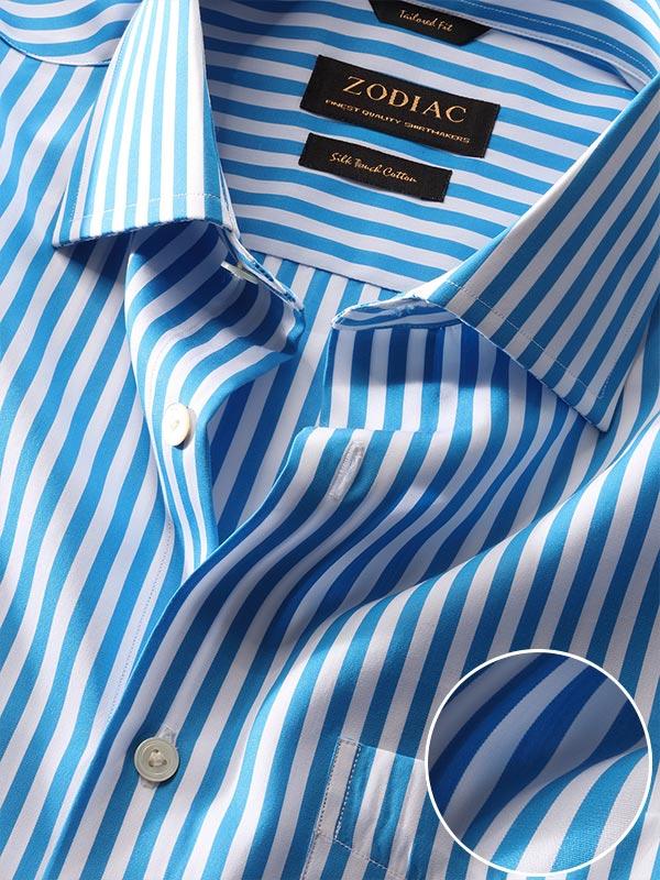 Vivace Blue Striped Full Sleeve Single Cuff Tailored Fit Semi Formal Silk Touch Egyptian Giza Cotton Shirt
