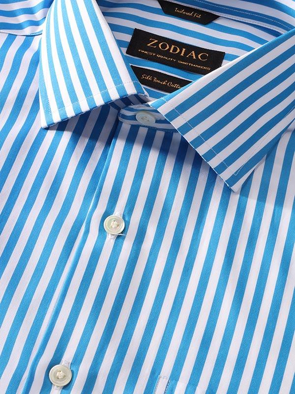 Vivace Blue Striped Full Sleeve Single Cuff Tailored Fit Semi Formal Silk Touch Egyptian Giza Cotton Shirt