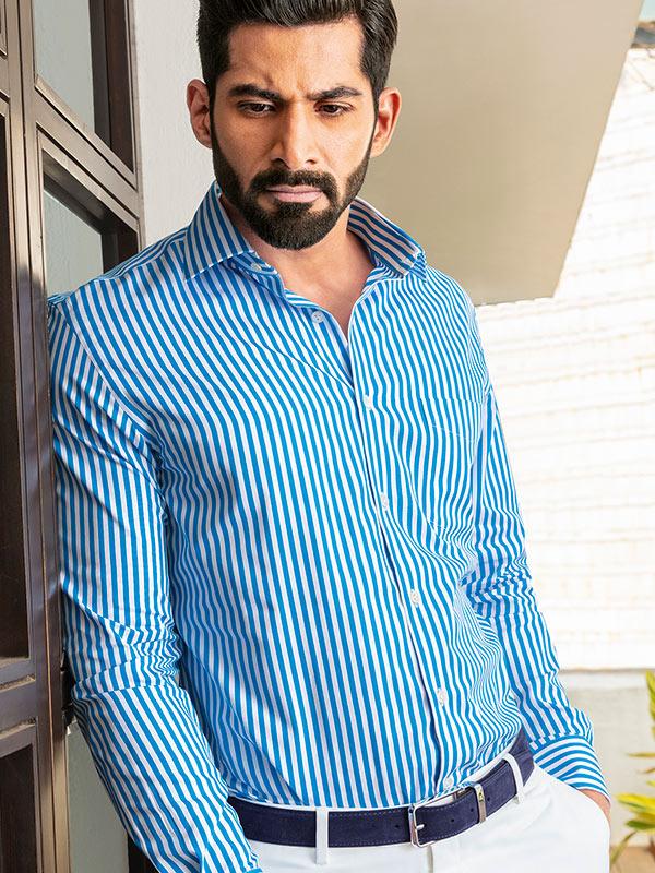 Vivace Blue Striped Full Sleeve Single Cuff Tailored Fit Semi Formal Silk Touch Egyptian Giza Cotton Shirt