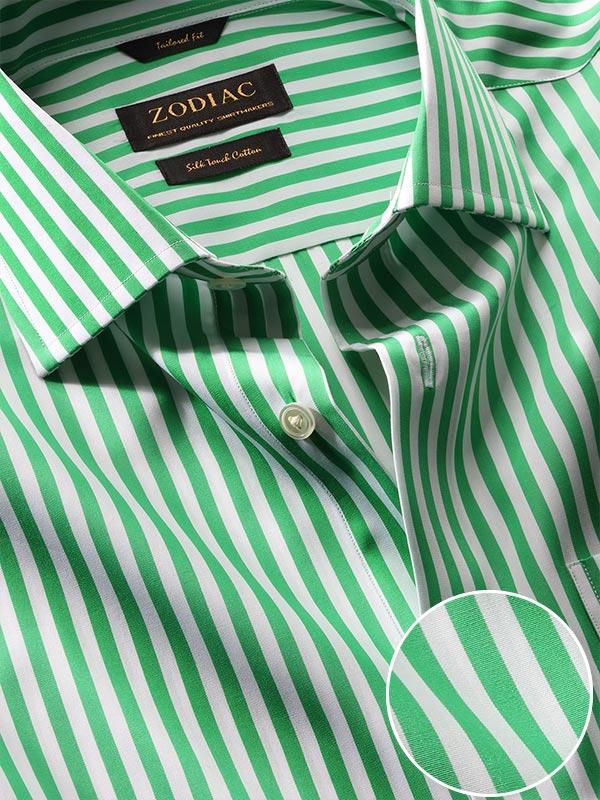 Vivace Green Striped Full Sleeve Single Cuff Tailored Fit Semi Formal Silk Touch Egyptian Giza Cotton Shirt