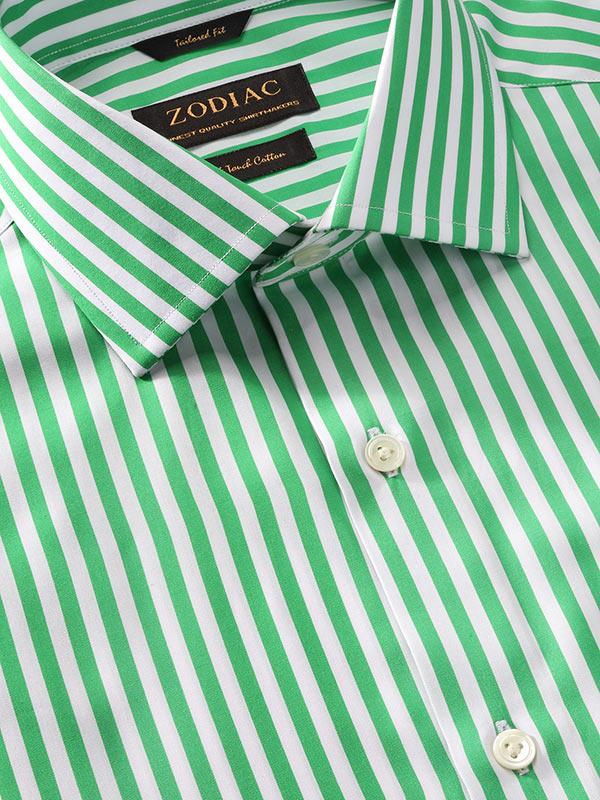 Vivace Green Striped Full Sleeve Single Cuff Tailored Fit Semi Formal Silk Touch Egyptian Giza Cotton Shirt