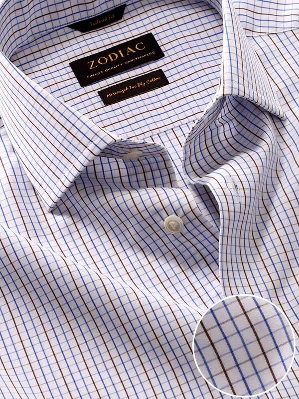 Volterra Brown Check Full Sleeve Single Cuff Tailored Fit Semi Formal Two Ply Mercerized Cotton Shirt