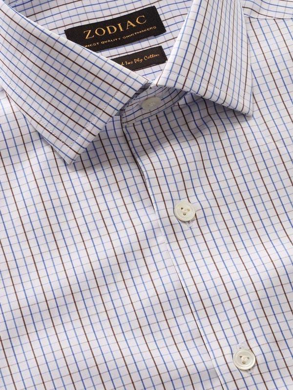 Volterra Brown Check Full Sleeve Single Cuff Tailored Fit Semi Formal Two Ply Mercerized Cotton Shirt