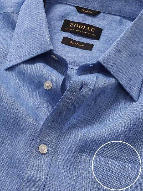 Positano Blue Solid Full Sleeve Single Cuff Classic Fit Semi Formal French Flax Linen Shirt