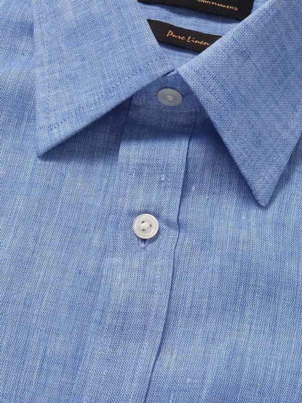 Positano Blue Solid Full Sleeve Single Cuff Classic Fit Semi Formal French Flax Linen Shirt
