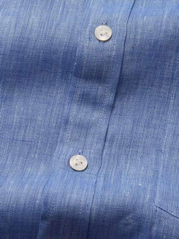 Positano Blue Solid Full Sleeve Single Cuff Classic Fit Semi Formal French Flax Linen Shirt