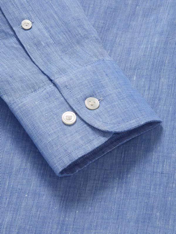 Positano Blue Solid Full Sleeve Single Cuff Classic Fit Semi Formal French Flax Linen Shirt
