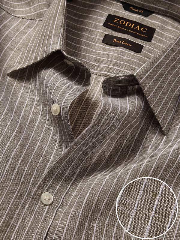 Positano Green Striped Full Sleeve Single Cuff Classic Fit Semi Formal French Flax Linen Shirt