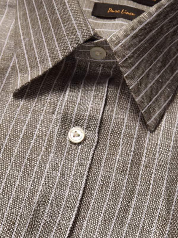 Positano Green Striped Full Sleeve Single Cuff Classic Fit Semi Formal French Flax Linen Shirt