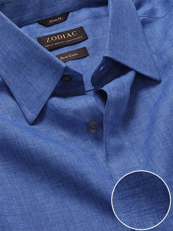Praiano Blue Solid Full Sleeve Single Cuff Tailored Fit Semi Formal French Flax Linen Shirt