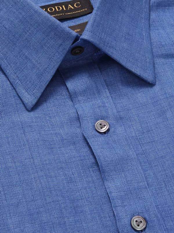Praiano Blue Solid Full Sleeve Single Cuff Tailored Fit Semi Formal French Flax Linen Shirt