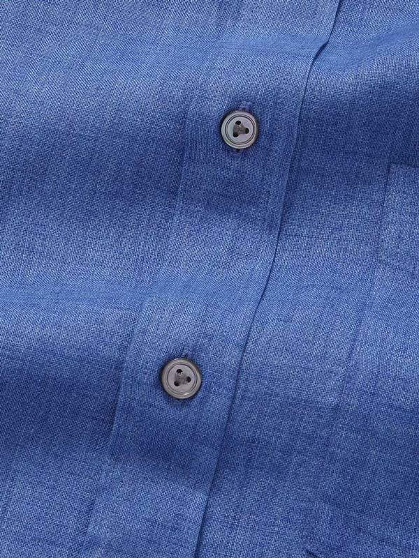 Praiano Blue Solid Full Sleeve Single Cuff Tailored Fit Semi Formal French Flax Linen Shirt