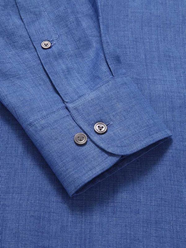 Praiano Blue Solid Full Sleeve Single Cuff Tailored Fit Semi Formal French Flax Linen Shirt